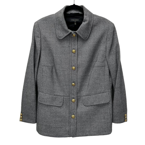 Escada Grey Herringbone Wool Button Front Jacket Womens 44 US 14 - Picture 2 of 8